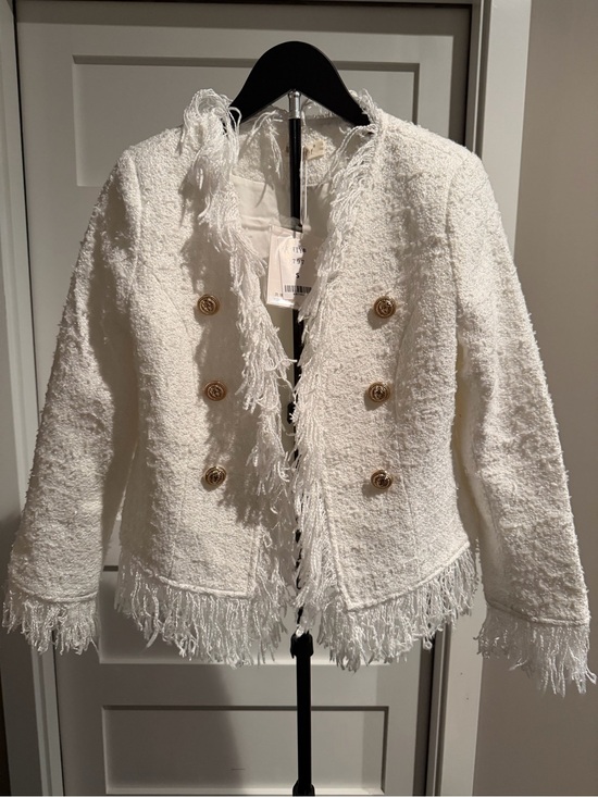 niwiy Jackets & Blazers - White Fringe Double-Breasted Blazer
